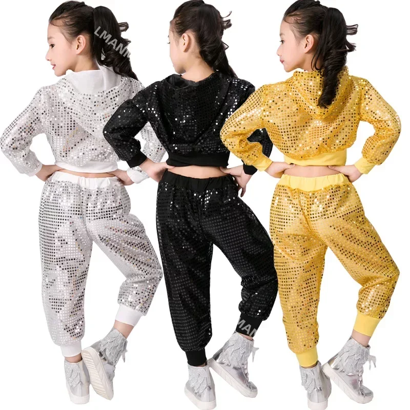 Disfraz de baile de Jazz con lentejuelas para niño y niña, traje moderno de animadora, Hip Hop, Top corto y pantalón, ropa de actuación