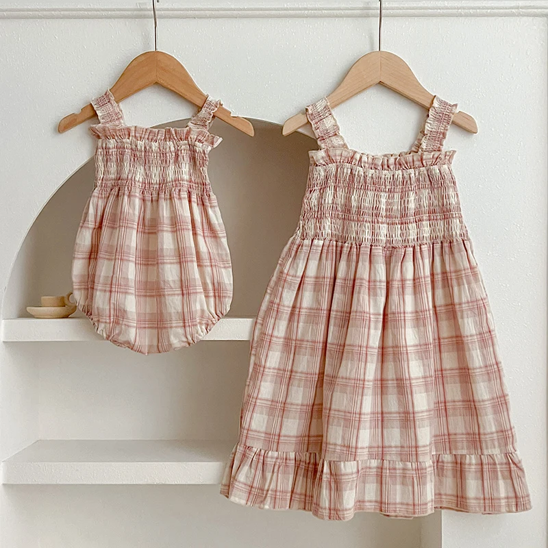 2024 New Summer Sister Clothing Baby Girl Party Dress Sleeveless Cotton Plaid Infant Baby Girl Jumpsuit Kids Princess Dresses