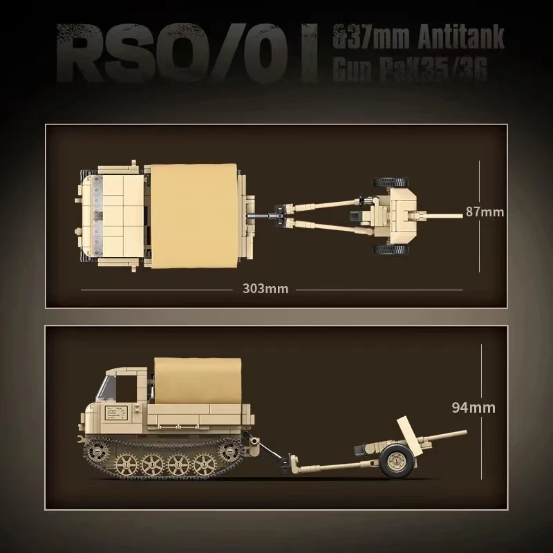 German Military Weapons ROS/01 Track Tractor 37mm Anti Tank Gun PaK35/36 Model Building Blocks Bricks WW2 Army Kids Toy Gifts