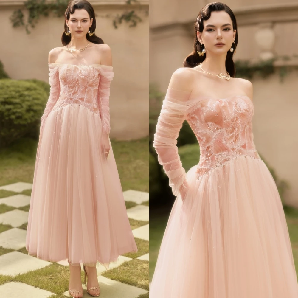 Customized Exquisite Organza A-Line Evening Dress Graceful Boat Neck Prom Dresses Sparkly Sequined Special Occasion Gowns