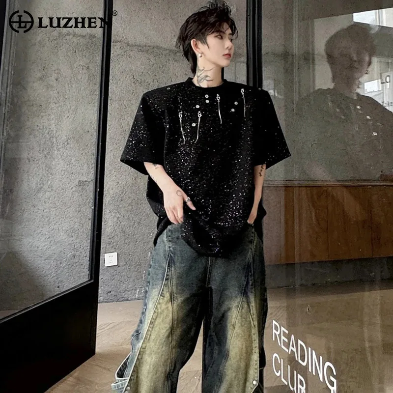 LUZHEN Stylish Metal Chain Decorate Short Sleeve Tops Men's 2024 New Original Street Print Design T Shirts Korean Clothes LZ2428