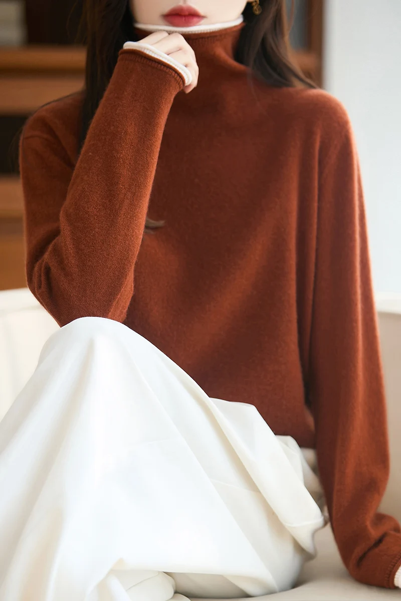 

Женский утепленный свитер из 100% мериносовой шерсти, вязаный пуловер с высоким воротником, осенне-зимняя однотонная повседневная одежда, мягкие теплые топы