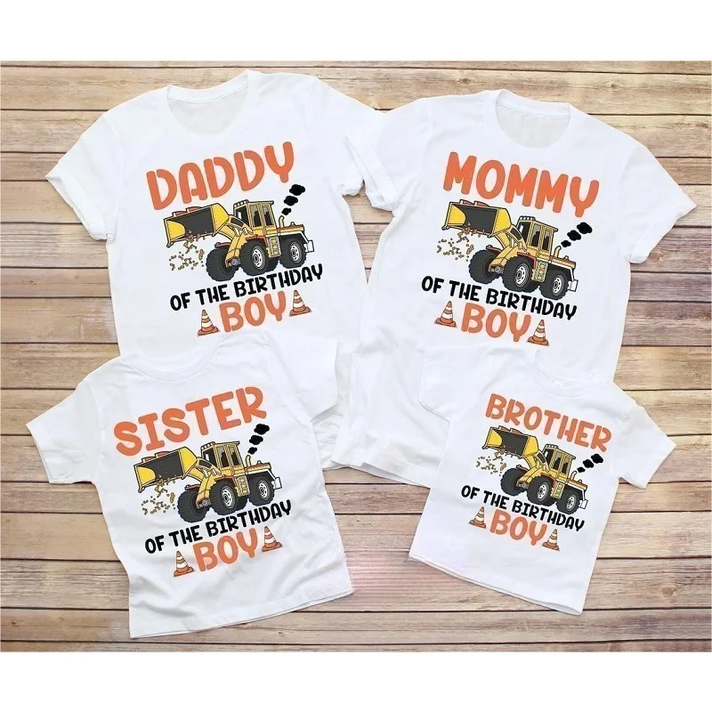 

Fashion Construction Matching Family Tshirts,Bulldozer/Excavator Print Birthday Boy's T-shirts White Outfits White