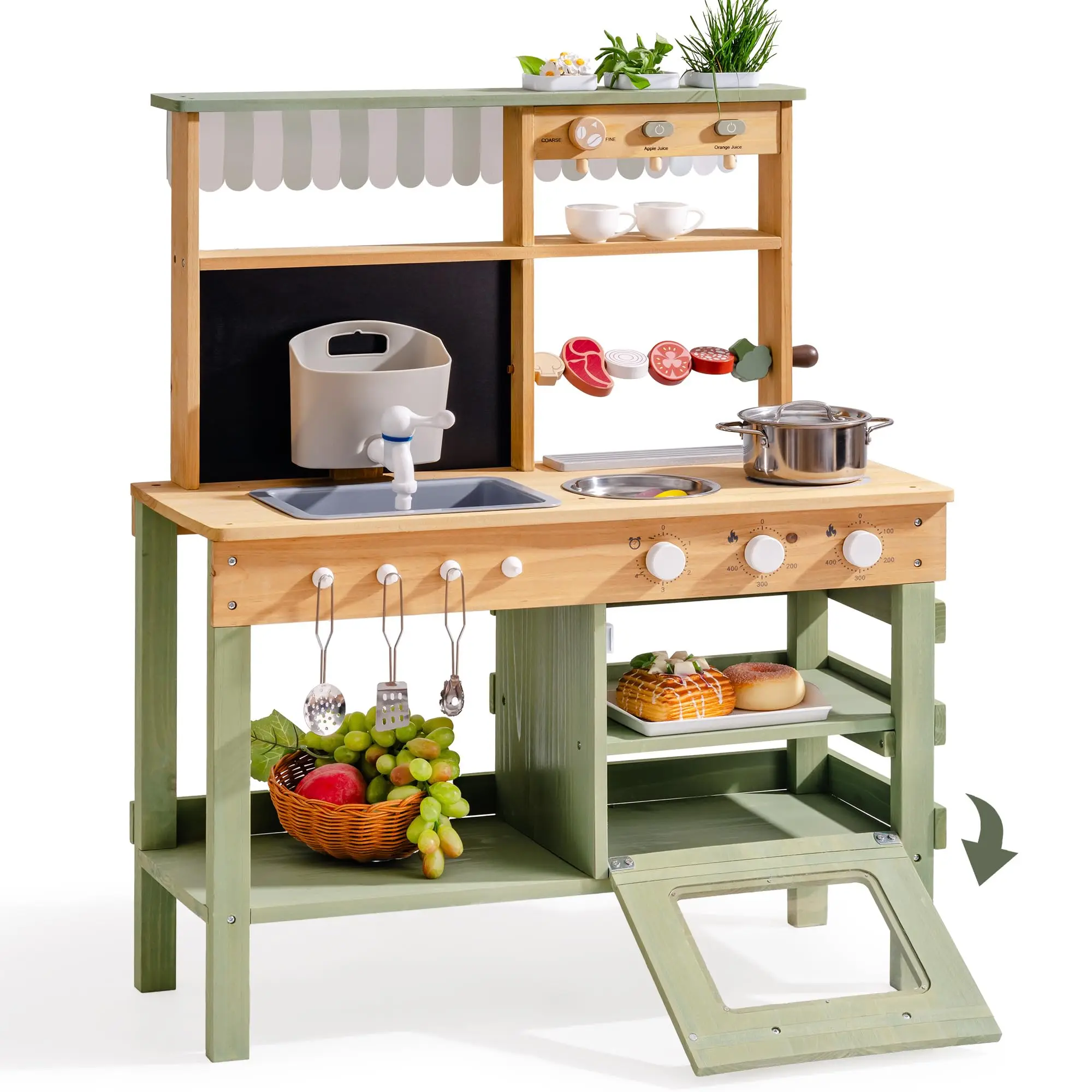 ROBUD – cuisine d'extérieur en bois massif, cuisine de jeu avec barbecue, robinet d'évier amovible, jouets Monteeori pour enfants âgés de 3 ans et plus