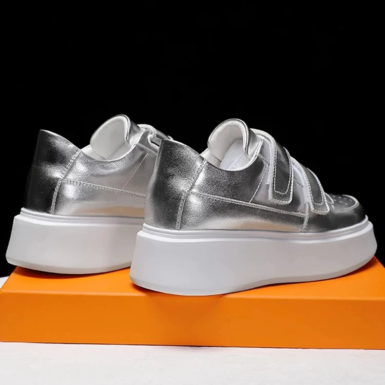 Fashion Women Elevator Shoes Silver Genuine Leather Skate Shoes Platform Sneakers Thick Sole Casual Shoes