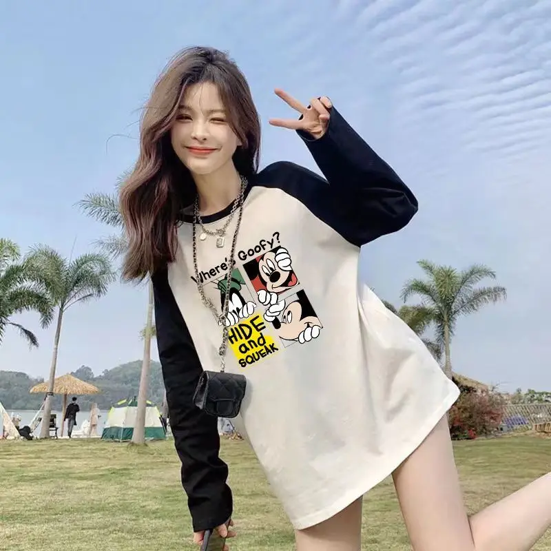 

Женская хлопковая толстовка с длинным рукавом и принтом мультяшной мыши, милая, оверсайз, больших размеров, для студенток, для многослойных образов