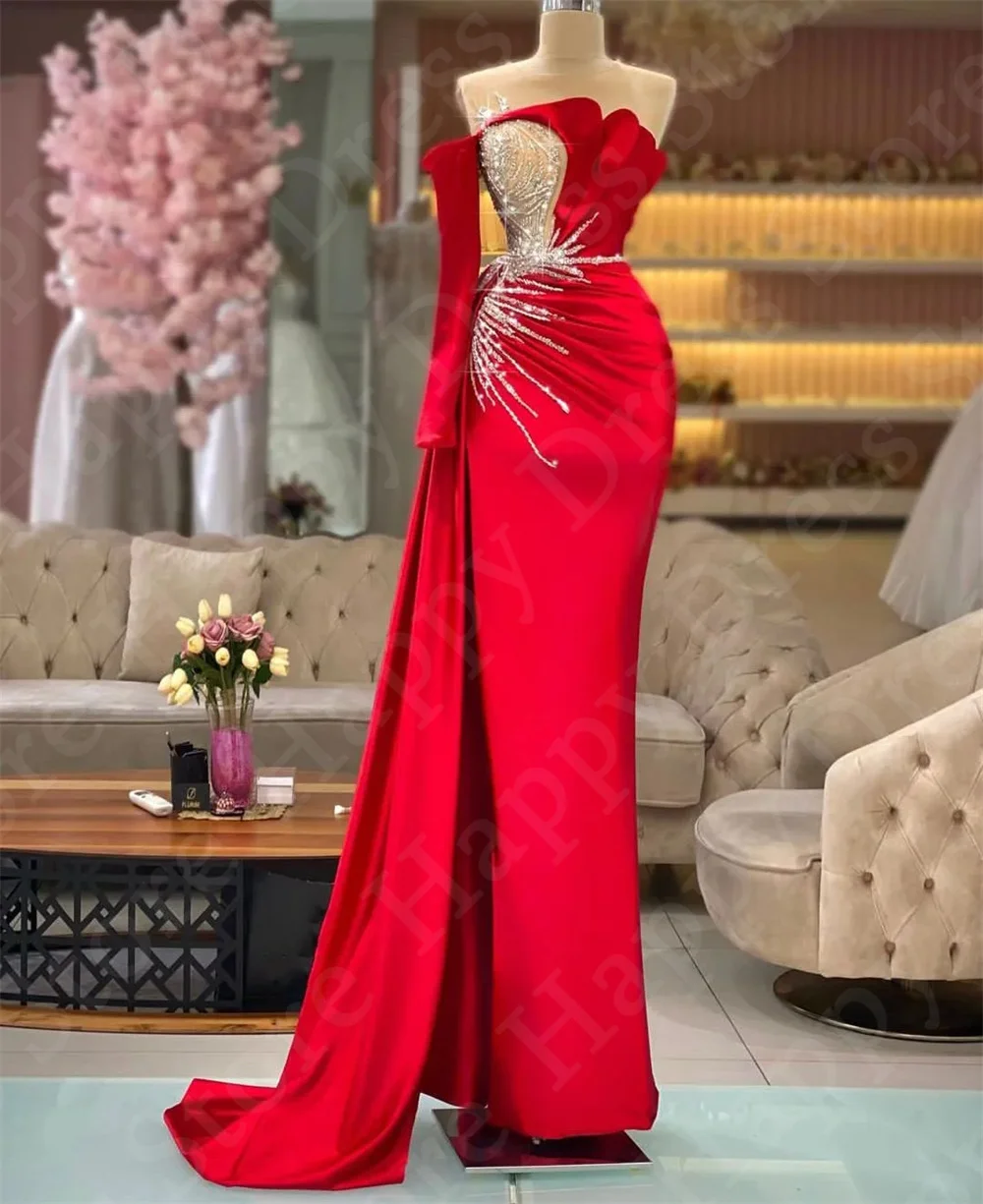 New Red Formal Evening Dress Beads One Shoulder Long Sleeves Side Split Satin Floor-Length Women Cocktail dress Prom Party Dress