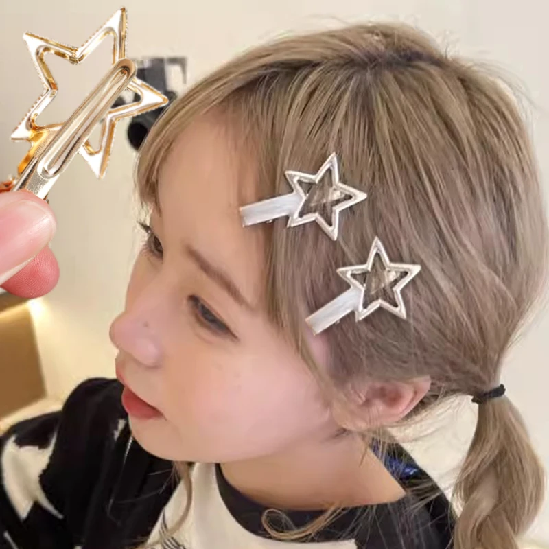 Simple Metal Cool Golden Silver Hollow Star Hair Clip Y2K Millennium Punk Pentagram Heavy Metal Technology Glossiness Hairpin