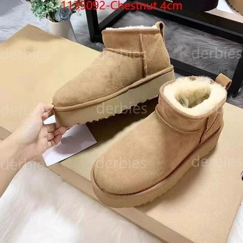 Botas de sola grossa quente para mulheres, botas de neve plataforma, pele de carneiro real, mais quente, sapatos femininos, luxo, inverno, 2022, 2024