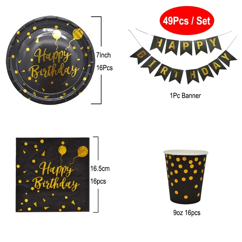 49Pcs Gold Dot Happy Birthday Party Dinnerware Set Paper Black Paper Plates Napkins Cups For Men Women Birthday Tableware Decor