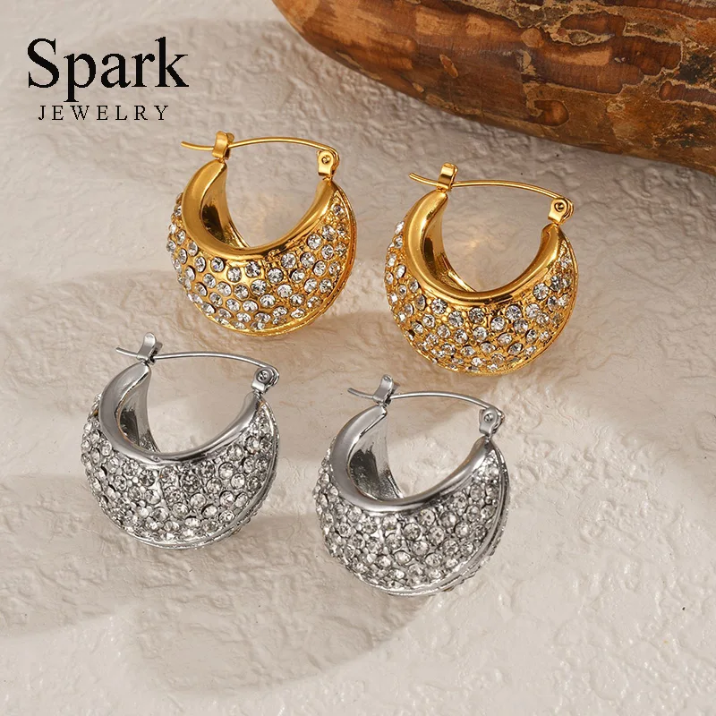 Spark Fashionable Classic C Shape With Stone Earrings Stainless Steel Gold Color Women's Brithday Party Jewellery Gifts