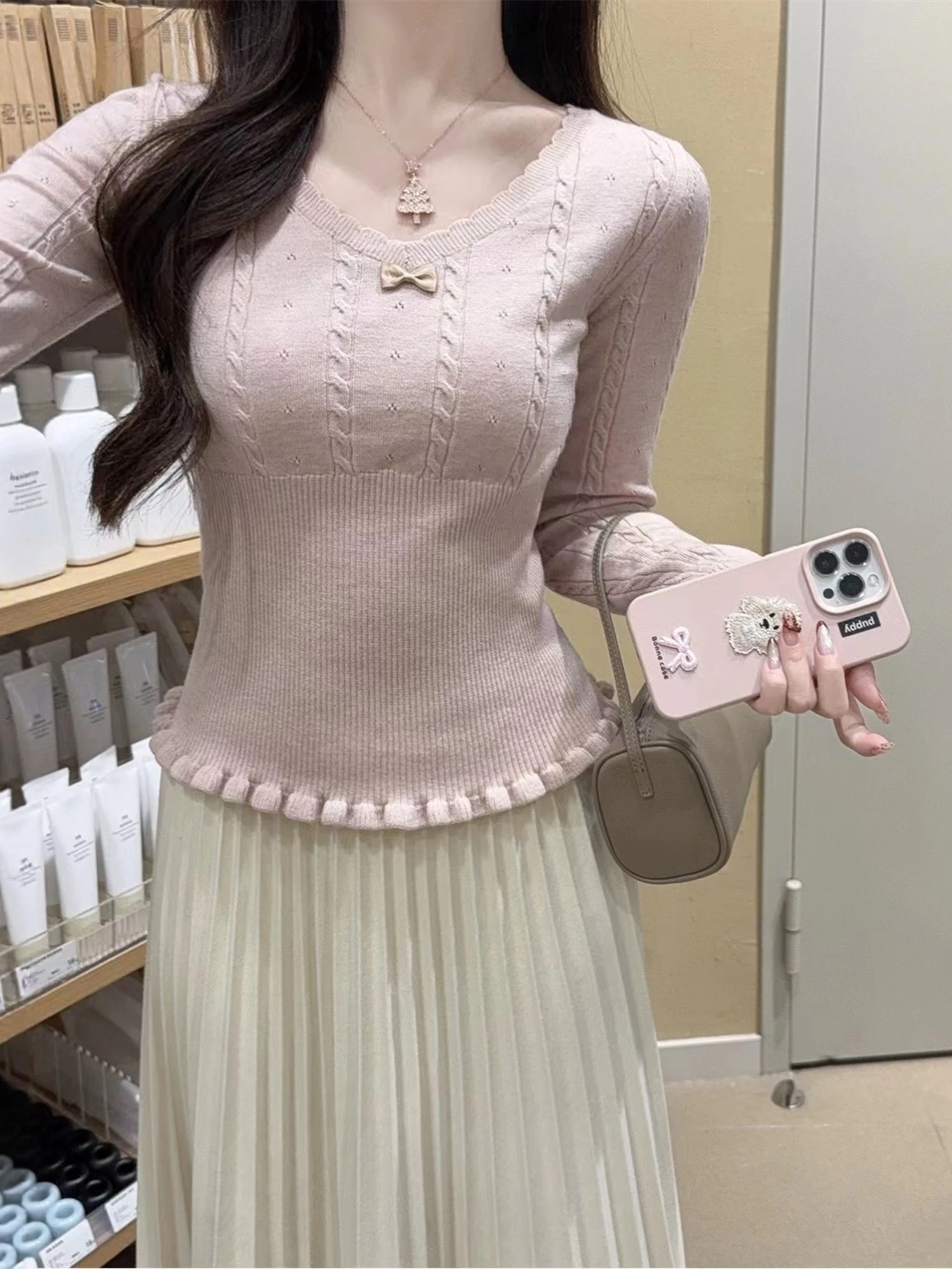 Soft Knitted U-Neck Sweater Women's Autumn Winter Slimming Inner Wear Miu Series Gentle Style Twist Wooden  Ear Design