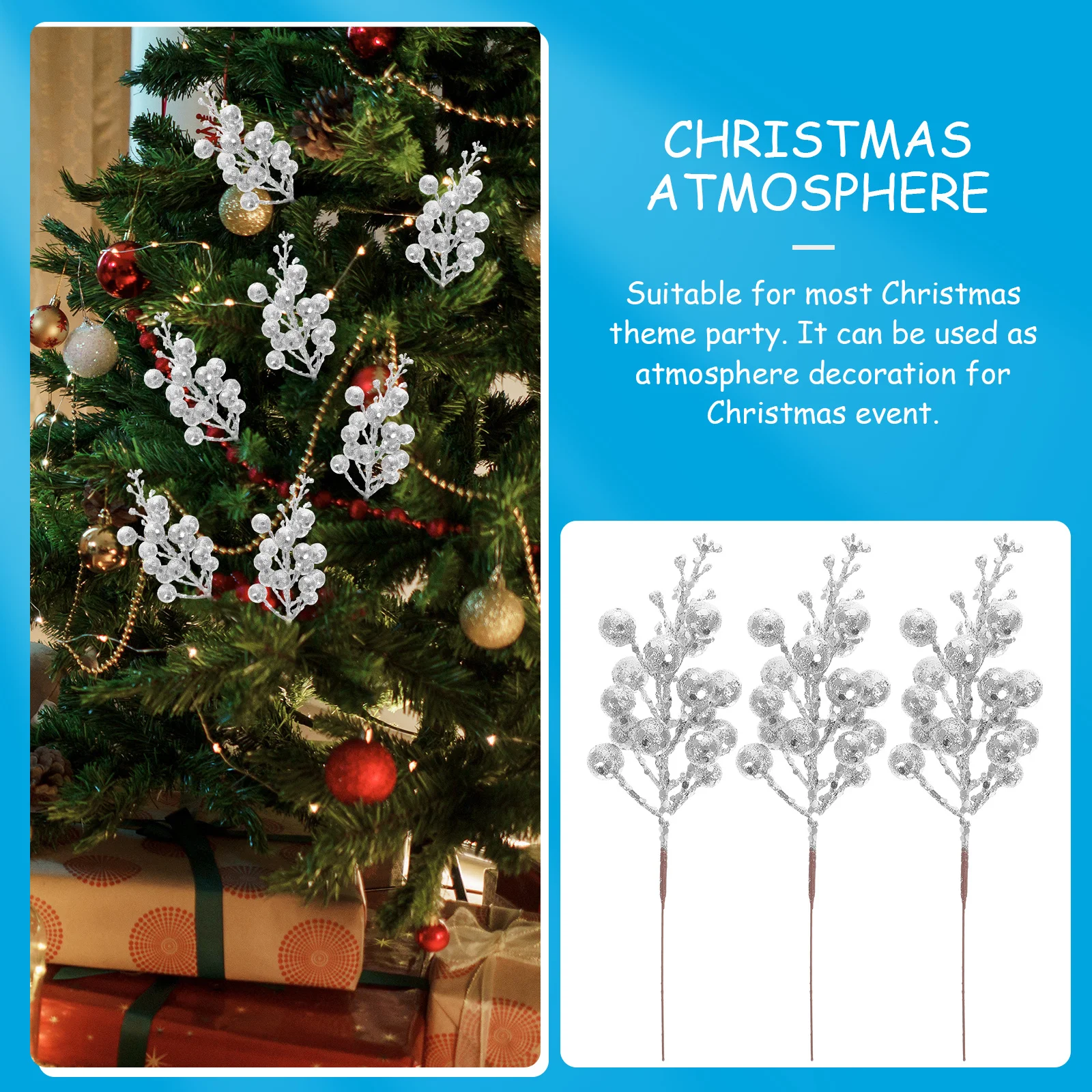 

10Pcs Christmas Artificial Berry Stems Glitter Fake Berries for Tree Decorations Wreath Centerpiece Xmas Party Winter Theme