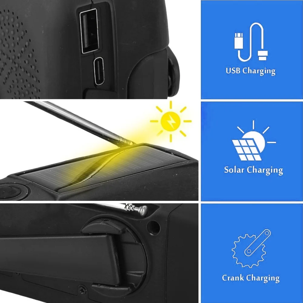 Multicolor Emergency Hand Crank Radio Solar Charging Hand Crank Operation Solar Powered Radio AM FM WB Bands with 3 Lamp