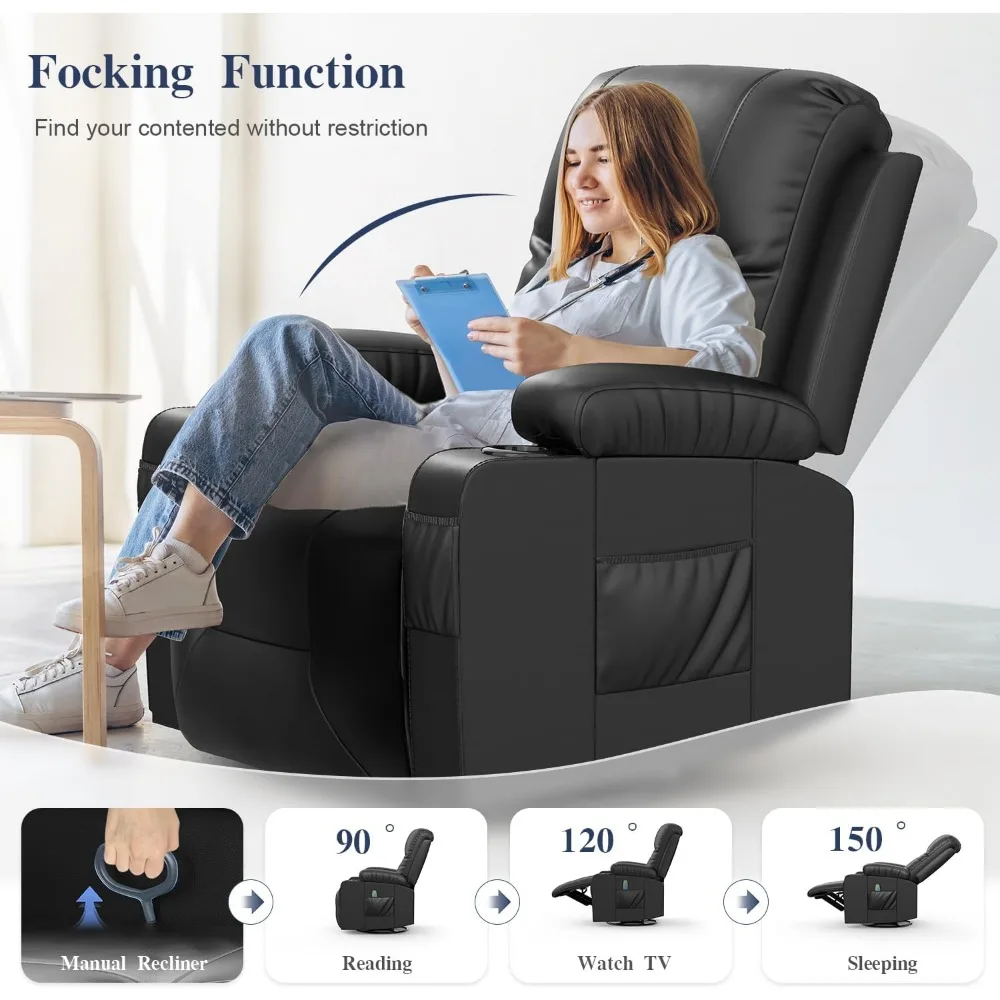 Massage Rocker with Heated Modern Ergonomic Lounge 360 Degree Swivel Single Sofa Seat Living Room Lounge Recliners Black