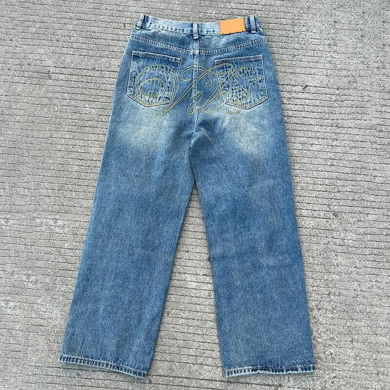 MWJLPWQ American Draped Printed Straight Jeans Unisex High Street Autumn Loose Washed Niched Design Male Casual Long Pants 12471