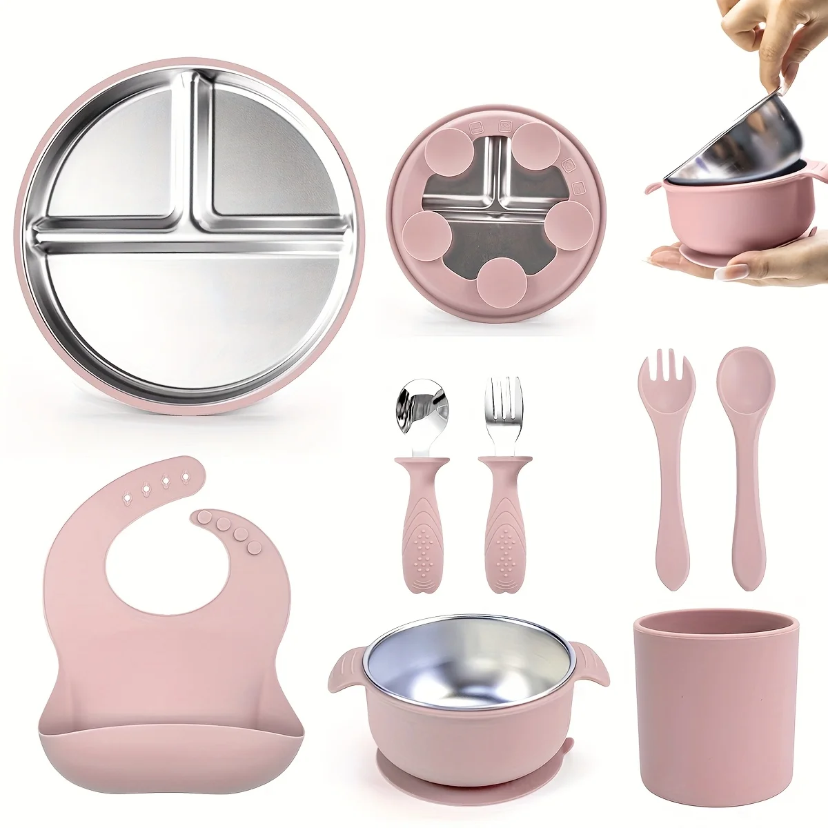 

8-piece children's feeding tableware set with plates, bowls, forks, spoons and cups, specially designed for baby feeding
