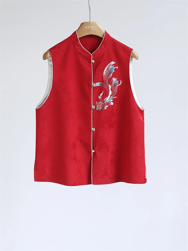 

Red Festive Embroidered Woolen Vest Women's Chinese Sle Spring Mix Matching Layered Wear oulder D60032 Casual Loose Fit