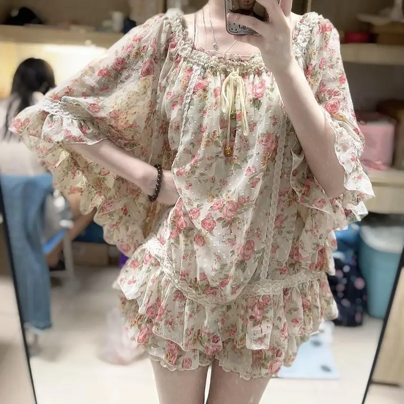 

French Vintage Elegant Fashion Lace 2 Piece Set Women Chic Print Y2k Long Sleeve Tops + Skirt Japanese Casual Chic Outfits New