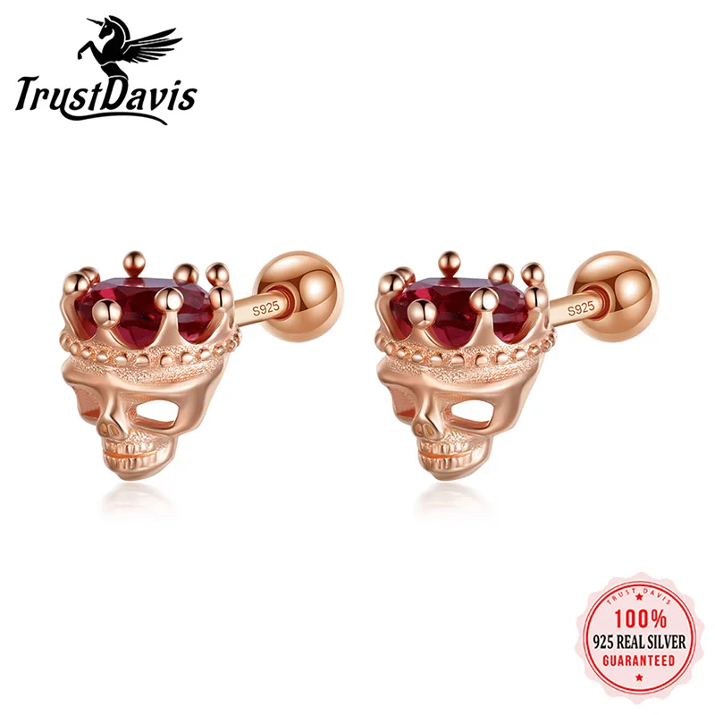 TrustDavis Plata de Ley 925 auténtica hombre/mujer corona de circón rojo cabeza de calavera pendientes de tuerca para niñas joyería de fiesta DF2028