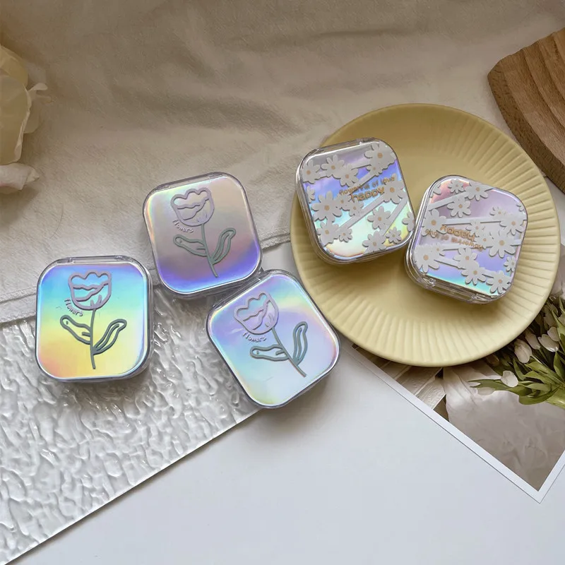 Laser Cover Contact Lens Case Box Colored Lenses Container Beauty Lens Storage Box Travel Set With Mirror Gift Girl