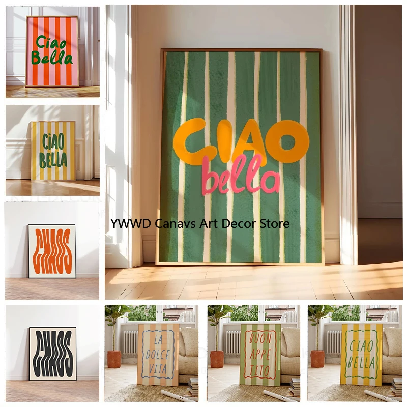 Ciao Bella-impresión en lienzo de rayas verdes salvia, cartel artístico de pared con cotización de Italia La Dolce Vita para sala de estar moderna, decoración del hogar Y2k