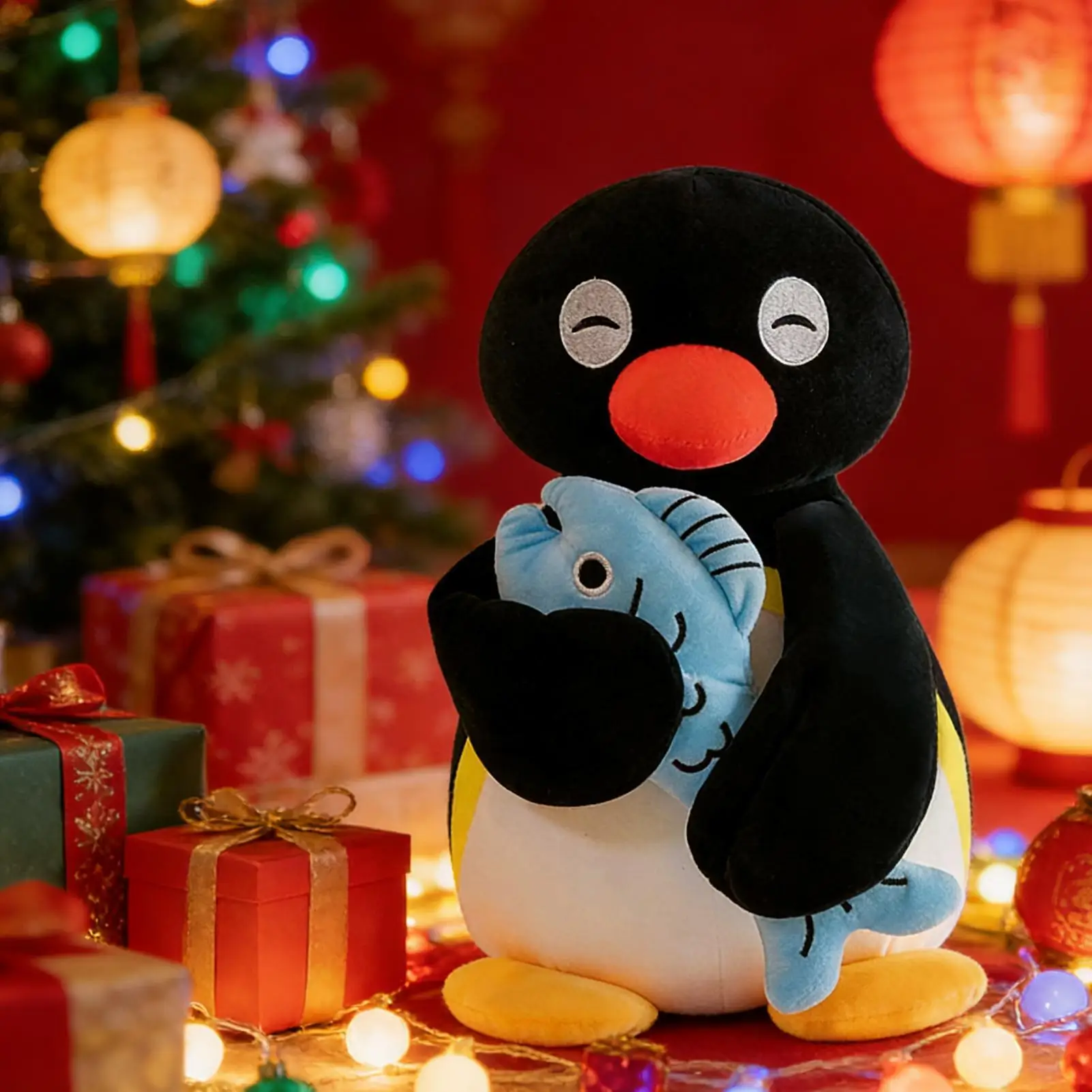 

30cm Penguin hugging a fish plush to Penguin Throw Pillow Soft Stuffed Animal Goodnight Sleep Soothing Doll Birthday Gift