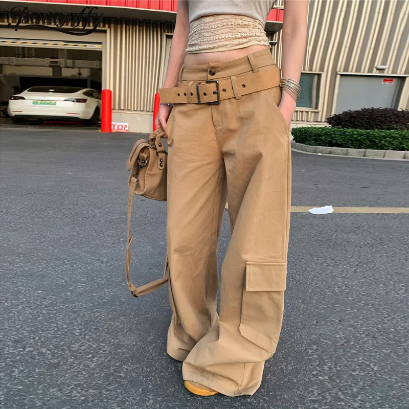 

Benuynffy Streetwear Belted Cargo Pants Women's Fashion Y2k Vintage High Waisted Multi-pocket Loose Casual Wide-leg Trousers