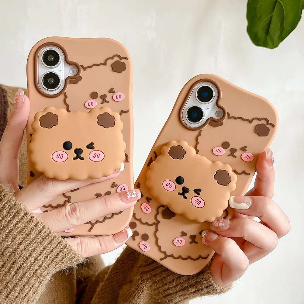 Coque antichoc avec ligne de freins en silicone, support de déclinaison d'ours mignon, coques pour iPhone 16, 14, 15 Pro Max, 11, 12, 13