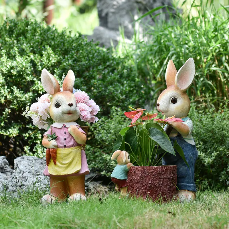 Cute Creative Rabbit Flowerpot Resin Decoration Balcony Courtyard Villa Figurines Artwork Garden Park Outdoor Sculpture Crafts