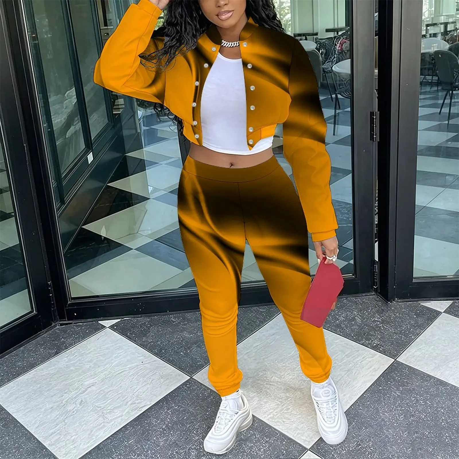 Women's Retro Fashion 2 Piece  Elegant Stand Collar Long Sleeve Jacket Casual Everyday Commuting Sport Pants