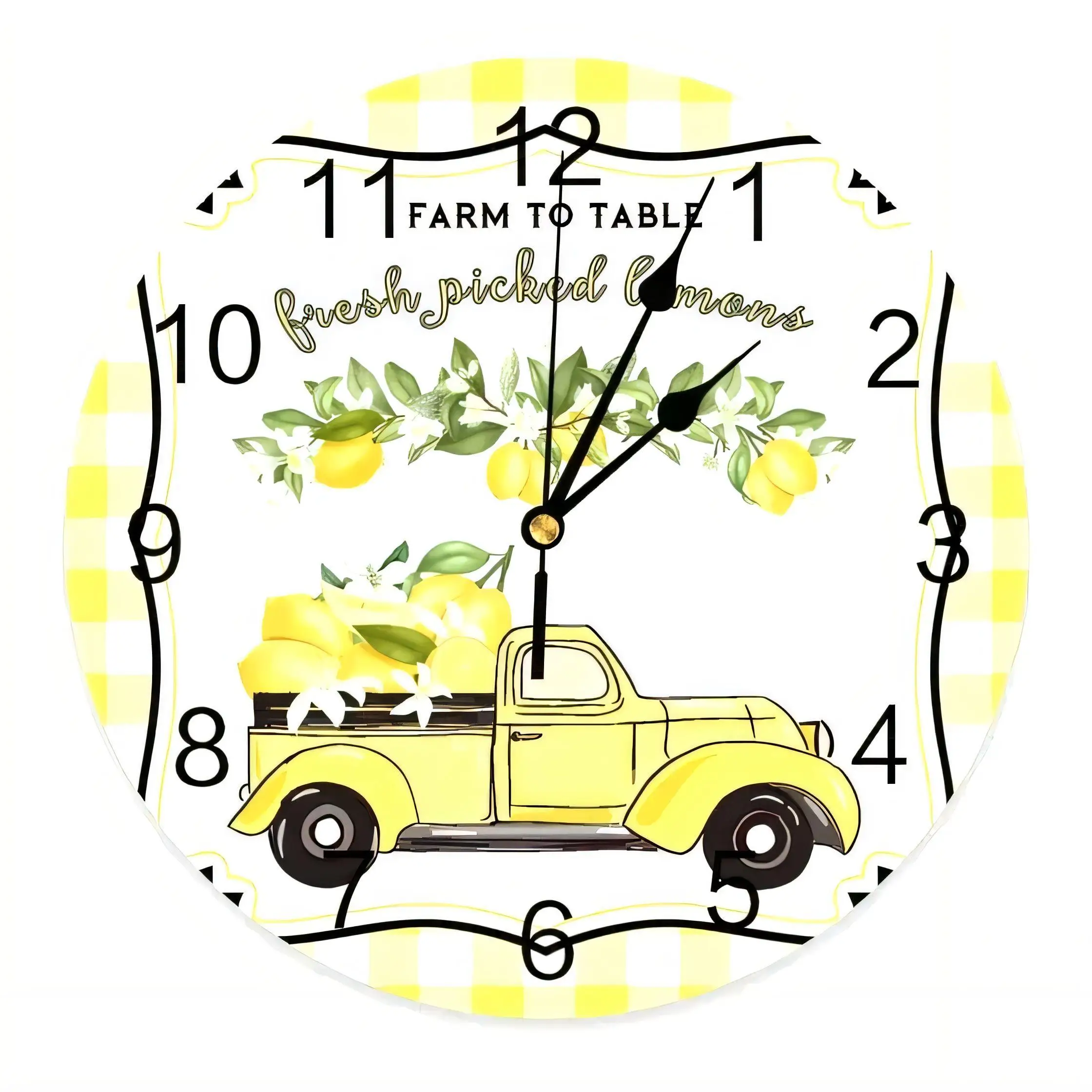 Rustic Farm to Table  Wall Clock Yellow Pickup Truck Lemon Decorative Kitchen Bathroom Home