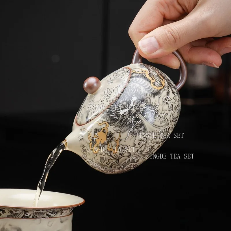 Dragon Pattern Xishi Ceramic Teapot Chinese Kung Fu Tea Pot Underglaze Color Dragon & Wave Design Single Brewing Vessel