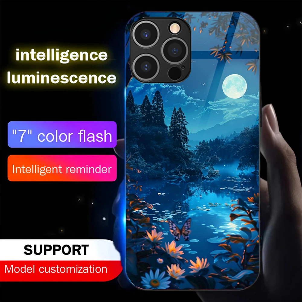 

Pretty Dreamy Forest Led Light Phone Case Call Flash Glitter Cover For iPhone 16 E 15 14 13 12 11 Pro Max X XR XS Plus SE