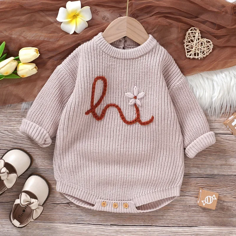 

Baby Girl Knit Bodysuit Autumn Winter Clothes Letter Floral Embroidery Long Sleeve Crew Neck Sweater