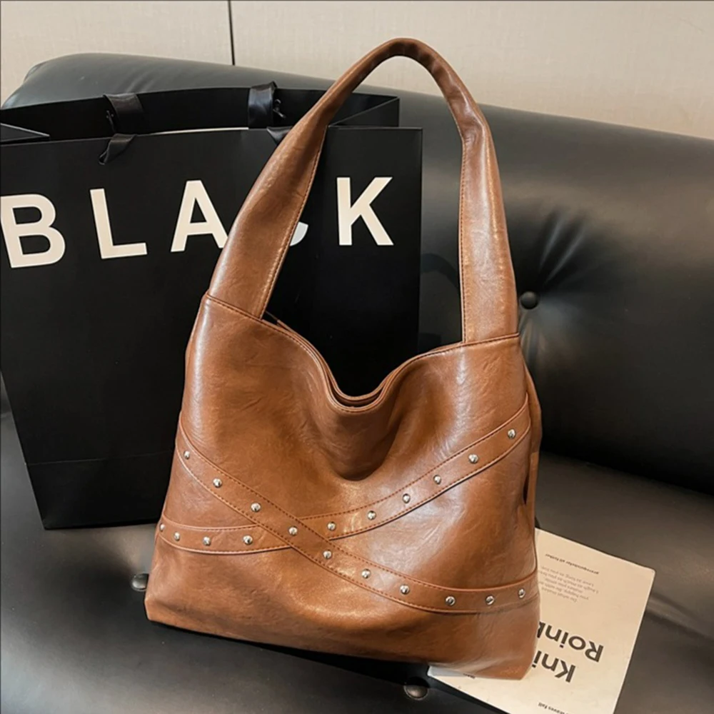 

Crisscross Pattern PU Leather Tote Bag Simple Solid Color Large Capacity Shoulder Purse Vintage Style Underarm Bag for Women