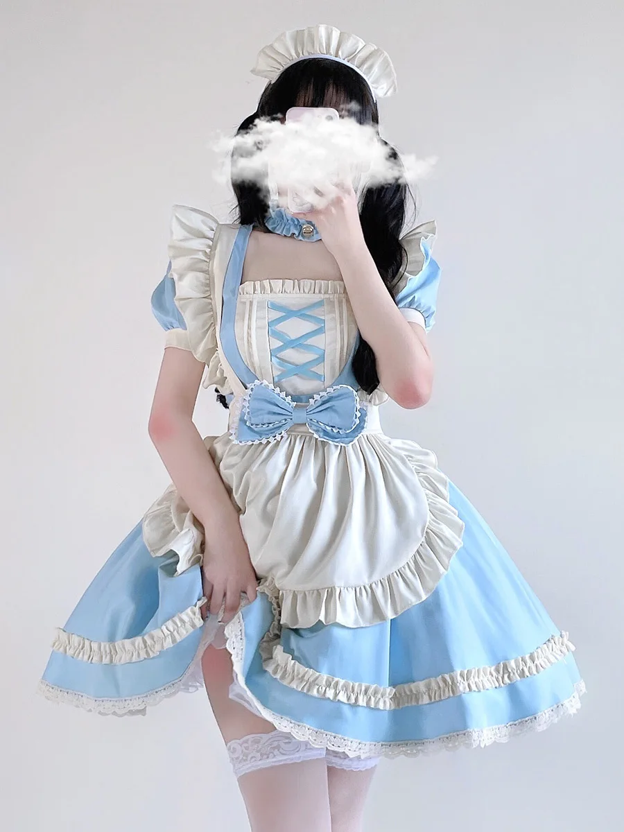 

Blue Alice Japanese Maid Suit Lolita OP Short Sleeve Cosplay Dress Princess Escape Costume Women's Anime Outfit