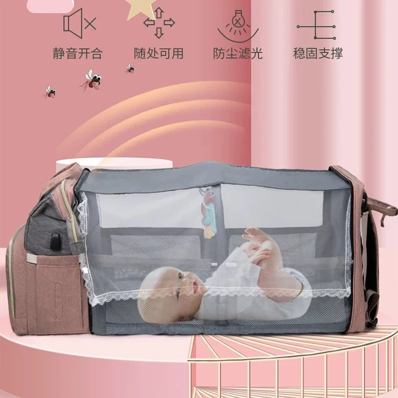 Foldable and Portable Mommy Backpack - with Crib Bed, Straps Large Capacity Diaper Bag Maternity Bag for Baby New Baby Equipment