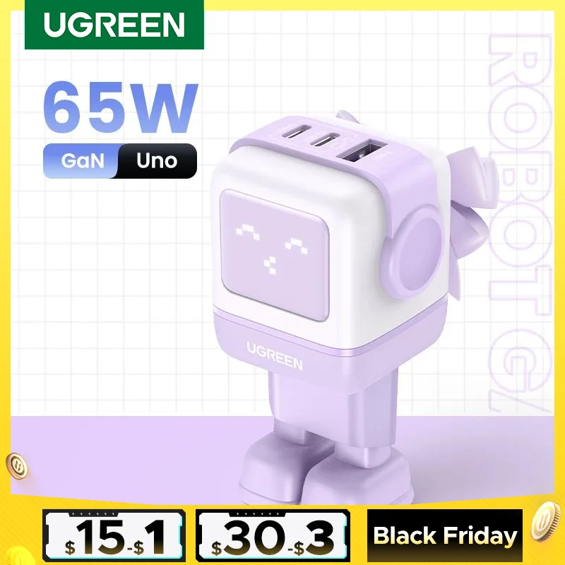 New！UGREEN 65W GaN Charger Robot Design Quick Charge 4.0 3.0 PPS for iPhone 16 15 14 Pro Macbook Laptop Tablet PD Fast Charger