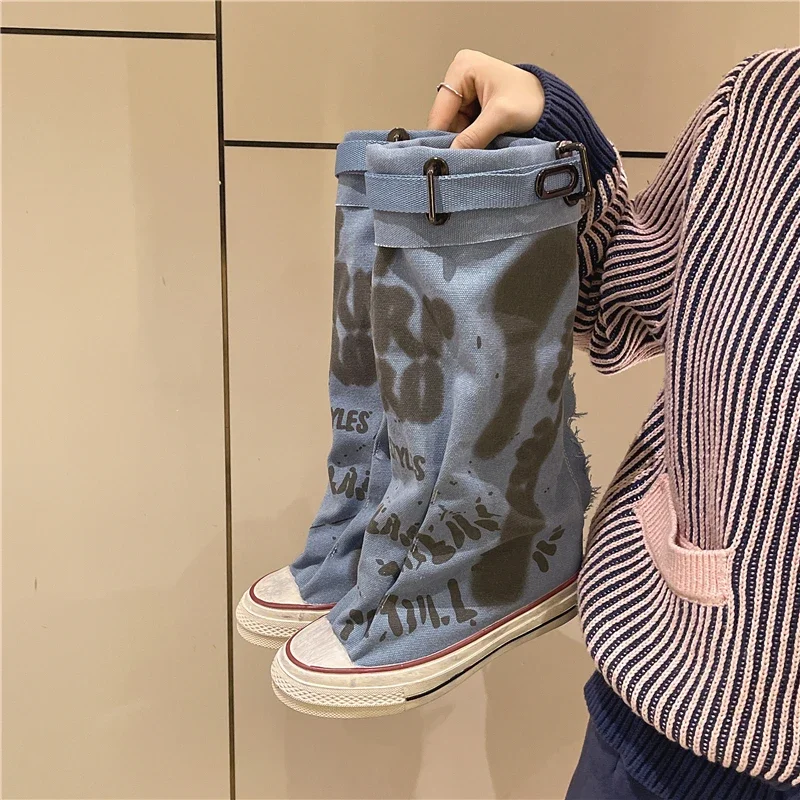 Stivali di tela alti con graffiti primaverili da donna Testa tonda Medio Segui stivali antiscivolo Donna Tempo libero Moda Suola in gomma Botas Mujer