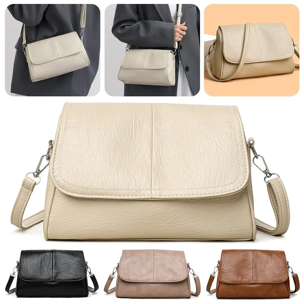 

Retro Leather Crossbody Bag Flap Design Solid Color Oil Wax Leather Bag Multi-pocket Adjustable Strap Shoulder Bag For Women