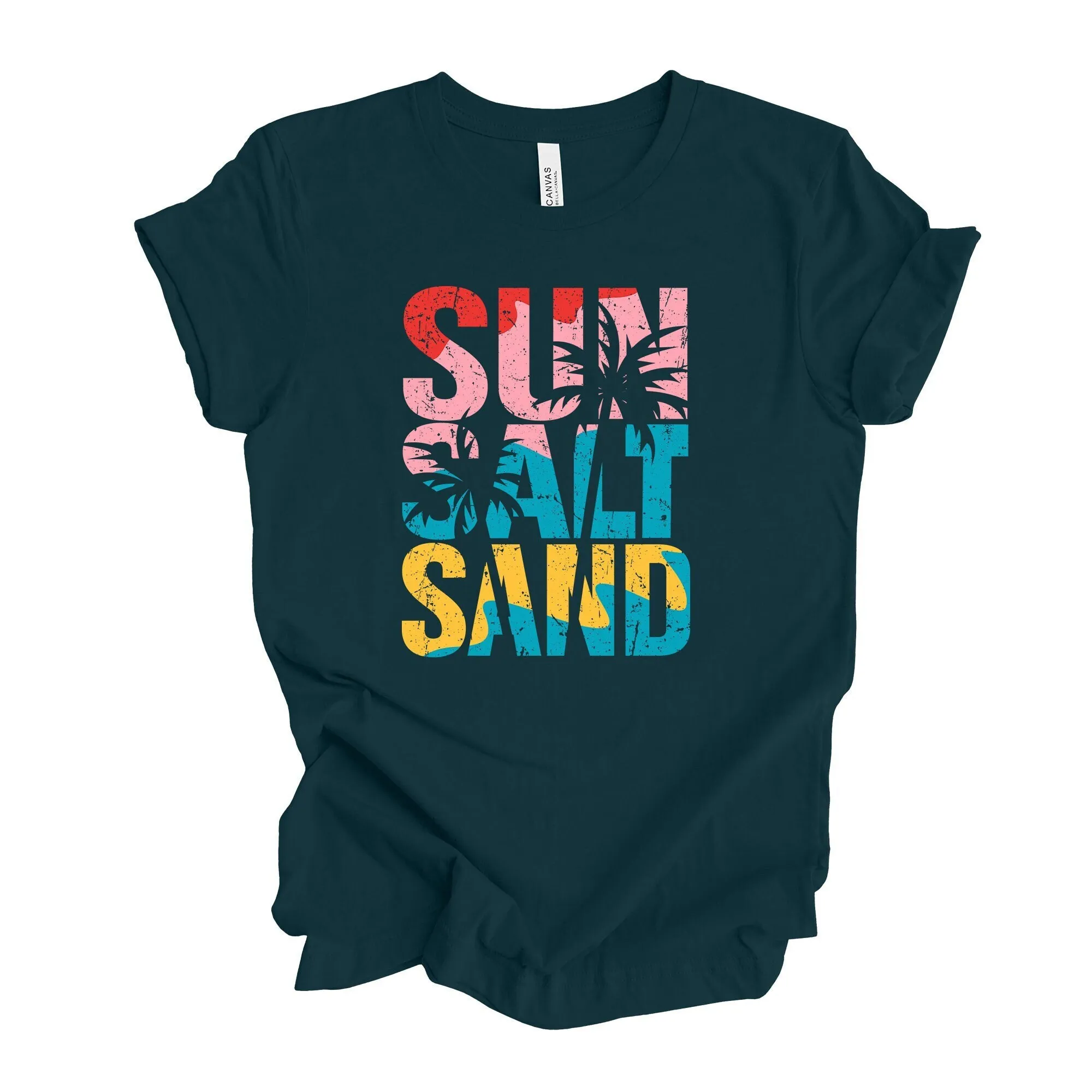 Beach T Shirt Fun Vacation Sun Salt Sand Palm Trees Design On Premium Unisex 3 Color Choices 3X 4X Plus Sizes Available