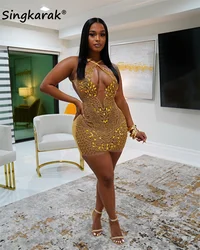 Gold Halter Short Prom Dress For Black Girls 2024 Beaded Crystal Birthday Party Dresses Mini Cocktail Party Gown Customized