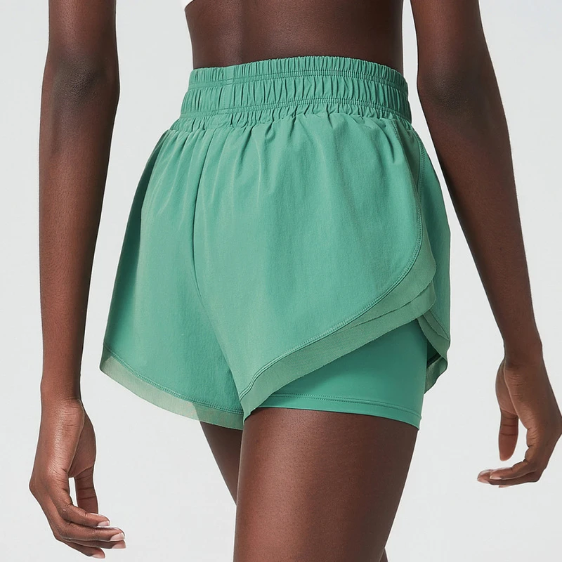 Women Summer Running Shorts Solid Color 2 In 1 Gym Yoga Short Breathable Quick Dry Short Sportswear Female Workout Clothes