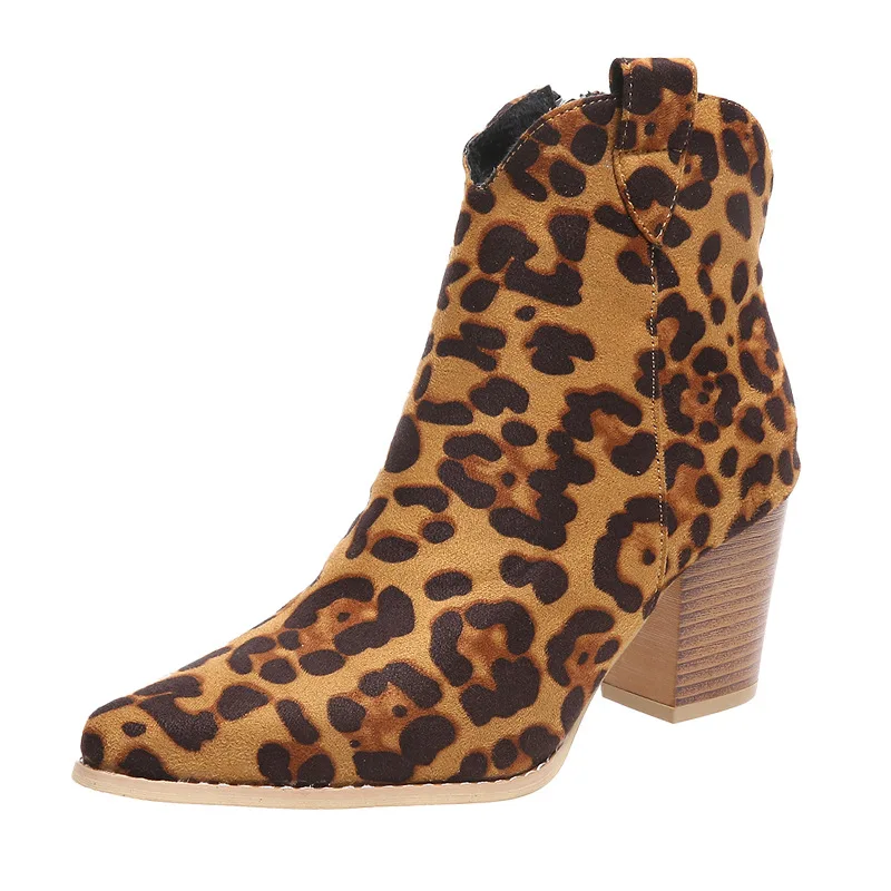 2024 New Ankle Boots Women's High Heel Shoes Women's Track Design Leopard Print Thick Heel Pointed Fashion Western Boots 35-43