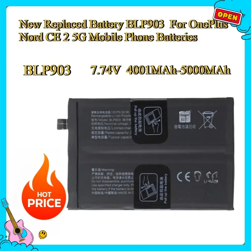 

New Replacement battery BLP903 4001MAh-5000MAh For OnePlus Nord CE 2 5G Mobile Phone Batteries