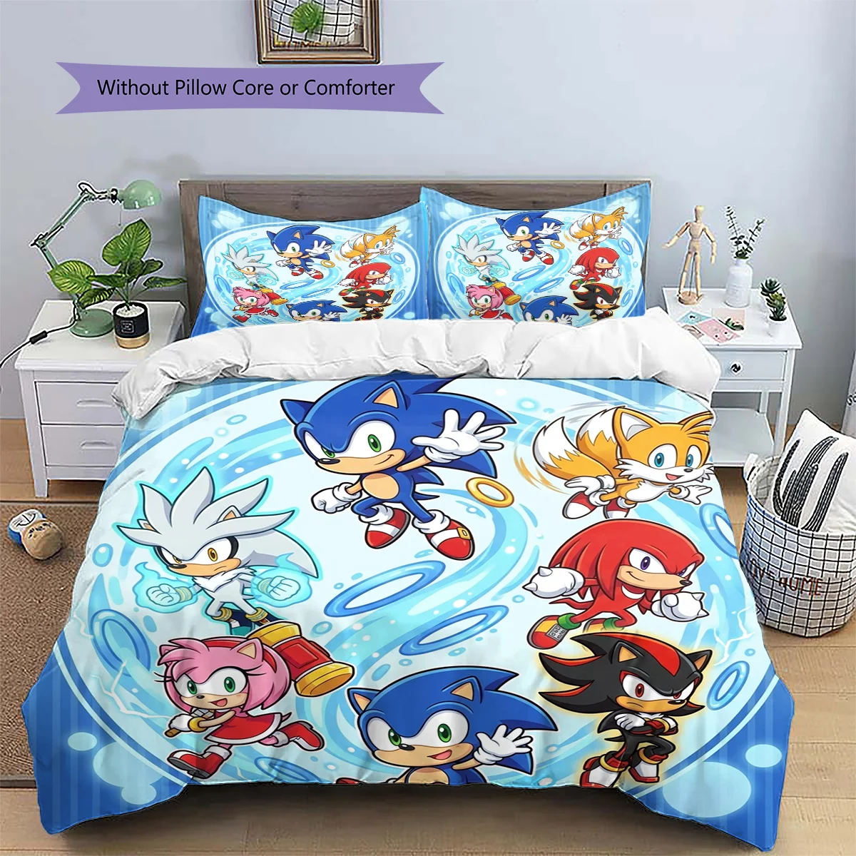 Hedgehog Sonic Patterned Pillowcase & Duvet Cover Set Bedroom Stylish Bedding Popular Anime Themed Fan Gift.-TING - view 2