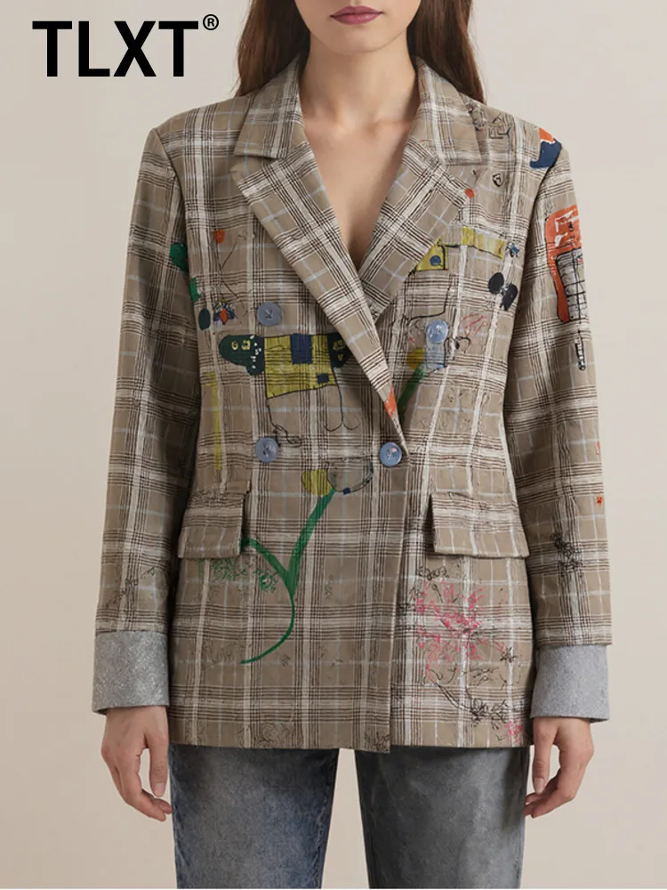 

TLXT Fashion Women's Gray Plaid Graffiti Print Blazer Lapel Loose Double Breasted Suit Jacket 2025 Autumn New XK1506