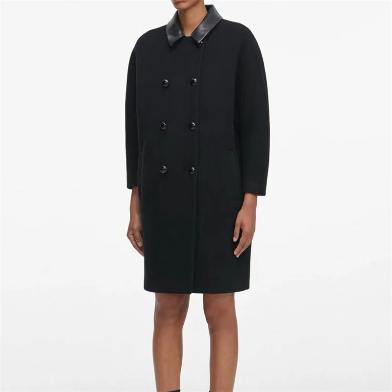 

New Spring Women's Classic Black Casual Wool Coat, Leather Collar, Double-Breasted, Mid-Length, Stylish and Versatile Wool Coat