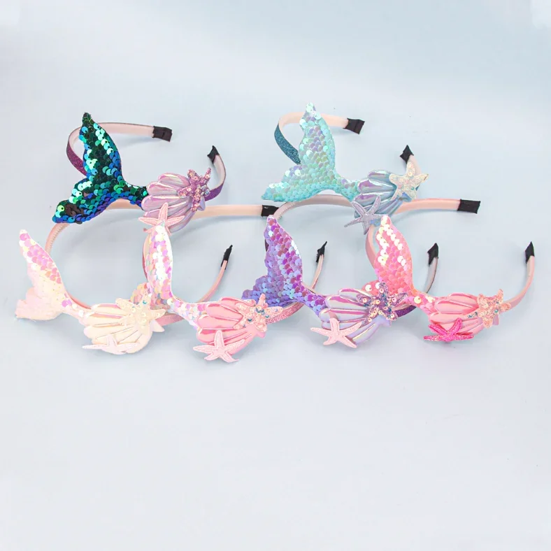 Girls Hairbands Mermaid Headwear Color Sequin Shells Shiny Princess Sweet Children\'s Hair Accessories Photo Prop Party Favors